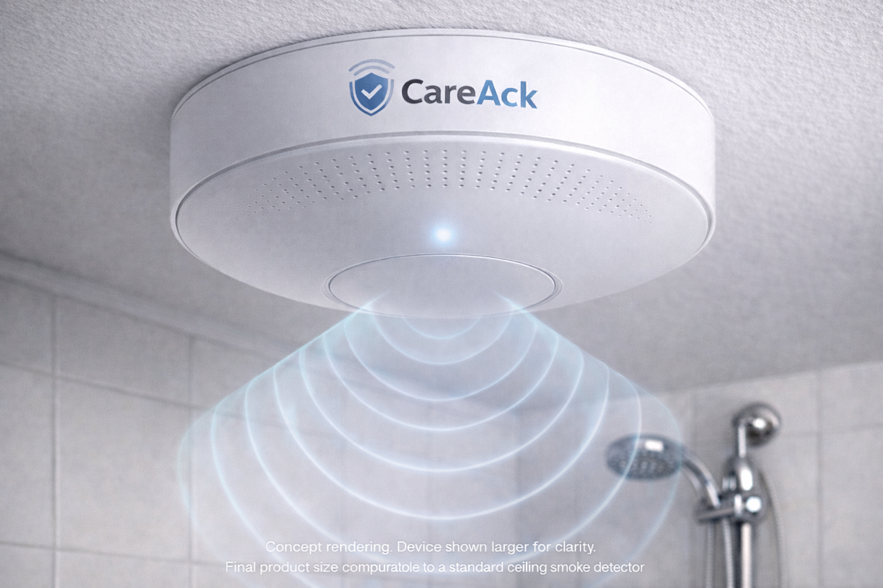 CareAck ceiling-mounted sensor device monitoring a bathroom environment