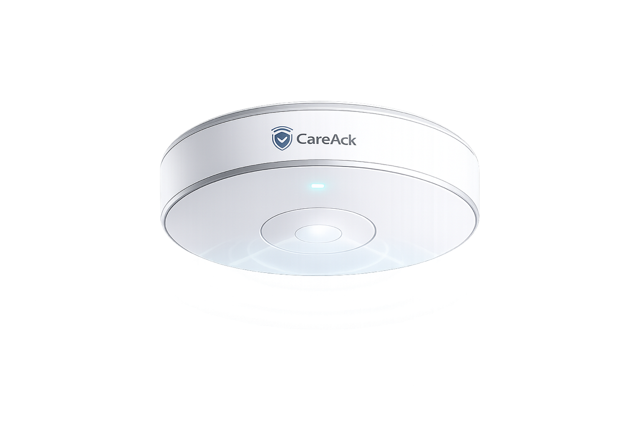 CareAck ceiling-mounted device — contactless mmWave monitoring